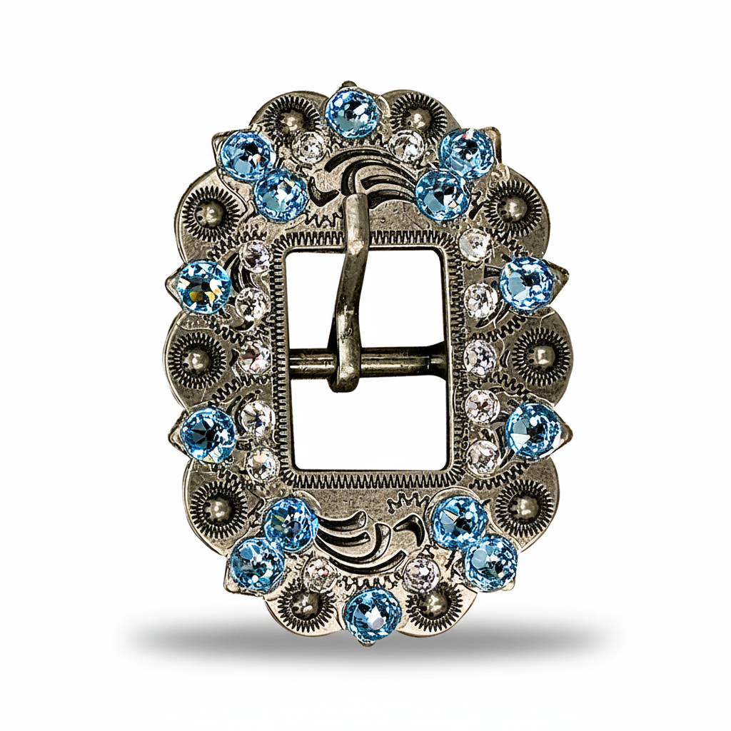 Antique Silver Aqua  - Clear Crystal Conchos | Sizes 1"- 3" | Buckles | Saddle Set | Leather Rosettes | Slide
