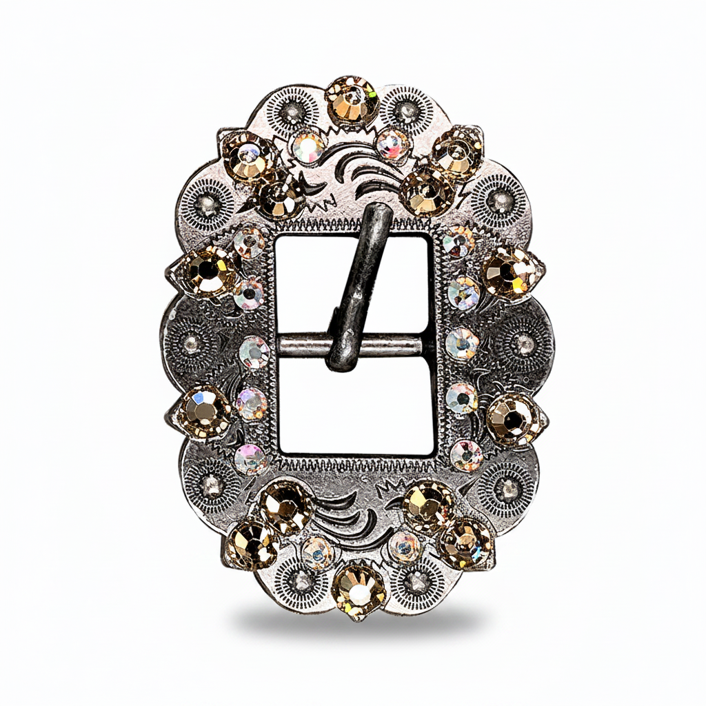 Antique Silver Champagne - AB Crystal Conchos | Sizes 1"- 3" | Buckles | Saddle Set | Leather Rosettes | Slide