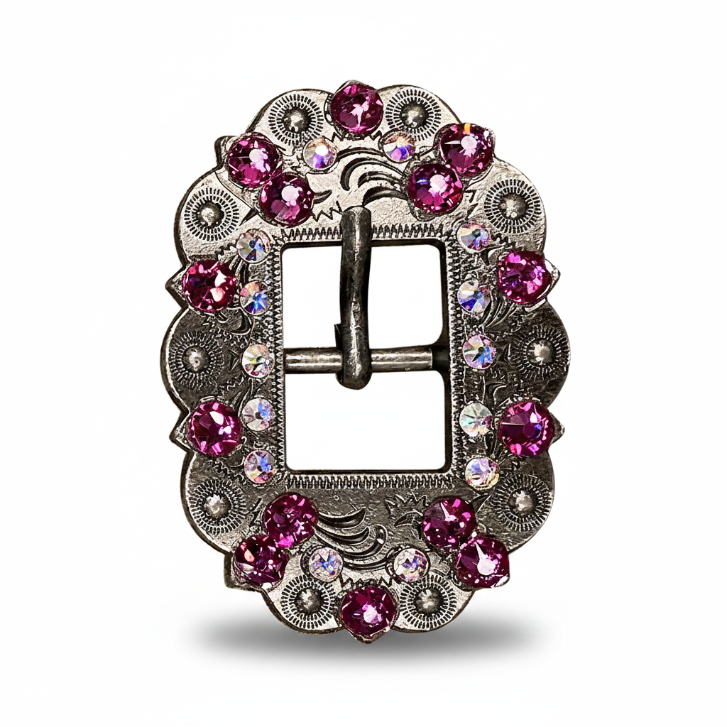 Antique Silver Fuchsia - AB Crystal Conchos | Sizes 1"- 3" | Buckles | Saddle Set | Leather Rosettes | Slide