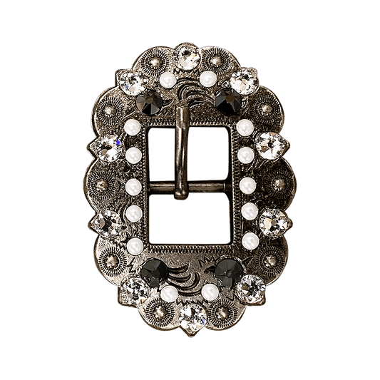 Jet, Pearl & Clear Antique Silver European Crystal Cart Buckle - RODEO DRIVE
