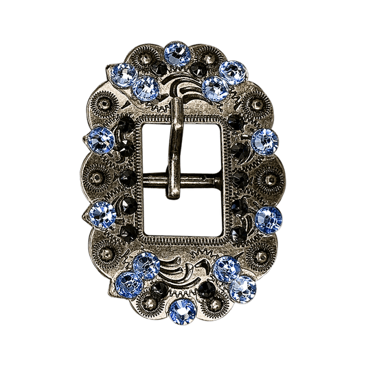Light Sapphire & Jet Antique Silver Cart Buckle European Crystal Concho - RODEO DRIVE