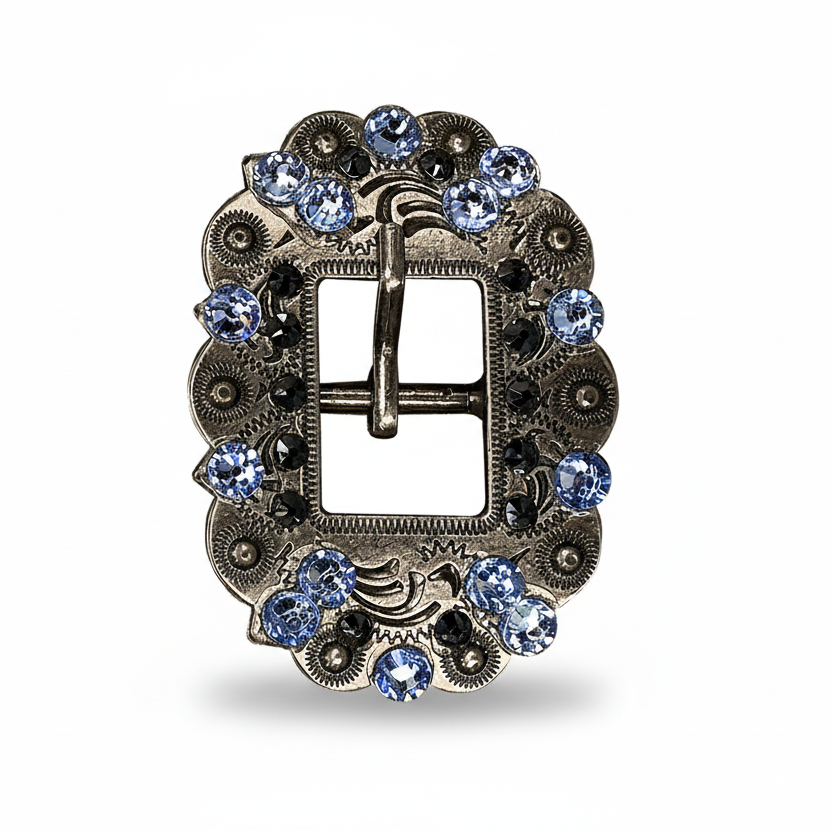 Antique Silver Light Sapphire - Jet Crystal Conchos | Sizes 1"- 3" | Buckles | Saddle Set | Leather Rosettes | Slide