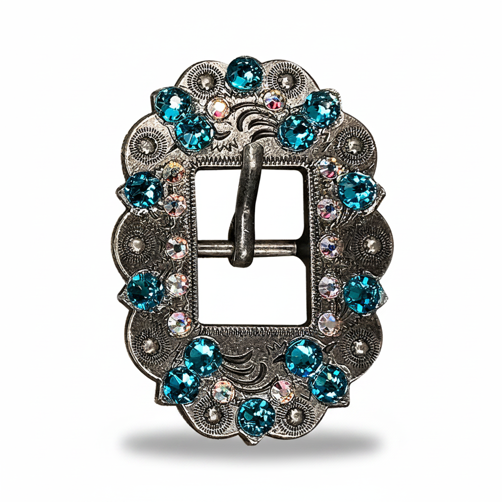 Antique Silver Teal - AB Crystal Conchos | Sizes 1"- 3" | Buckles | Saddle Set | Leather Rosettes | Slide