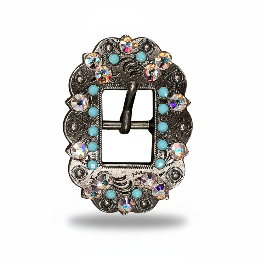 Antique Silver Turquoise - AB Crystal Conchos | Sizes 1"- 3" | Buckles | Saddle Set | Leather Rosettes | Slide