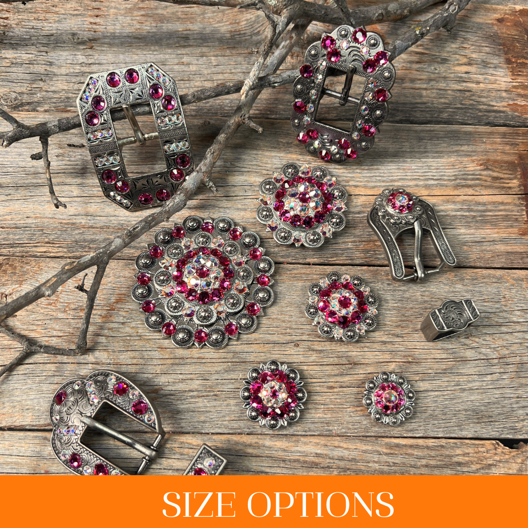 Antique Silver Fuchsia, AB Crystal Conchos - Sizes from 1"- 3" and Buckles
