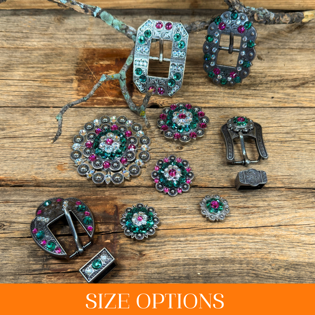 Antique Silver Fuchsia, Clear and Emerald  Crystal Conchos - Sizes from 1