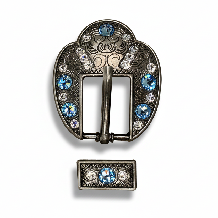 Antique Silver Aqua  - Clear Crystal Conchos | Sizes 1"- 3" | Buckles | Saddle Set | Leather Rosettes | Slide