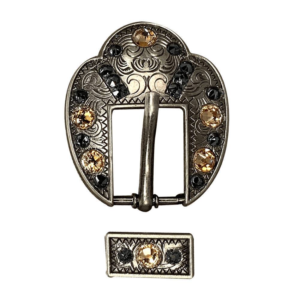 Champagne & Jet Antique Silver European Crystal Fancy Buckle - RODEO DRIVE
