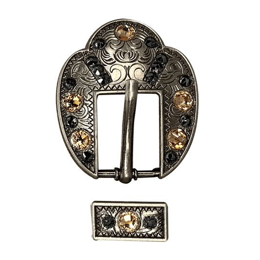 Champagne & Jet Antique Silver European Crystal Fancy Buckle - RODEO DRIVE