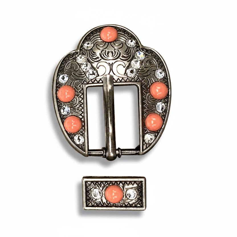 Antique Silver Coral - Clear Crystal Conchos | Sizes 1"- 3" | Buckles | Saddle Set | Leather Rosettes | Slide
