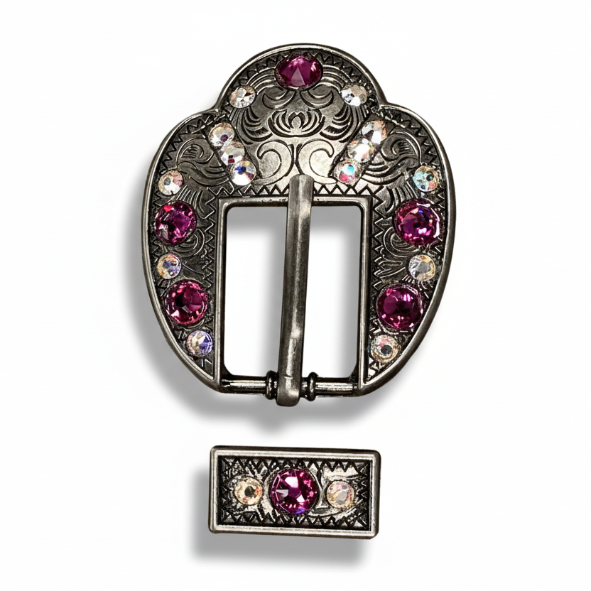 Antique Silver Fuchsia - AB Crystal Conchos | Sizes 1"- 3" | Buckles | Saddle Set | Leather Rosettes | Slide