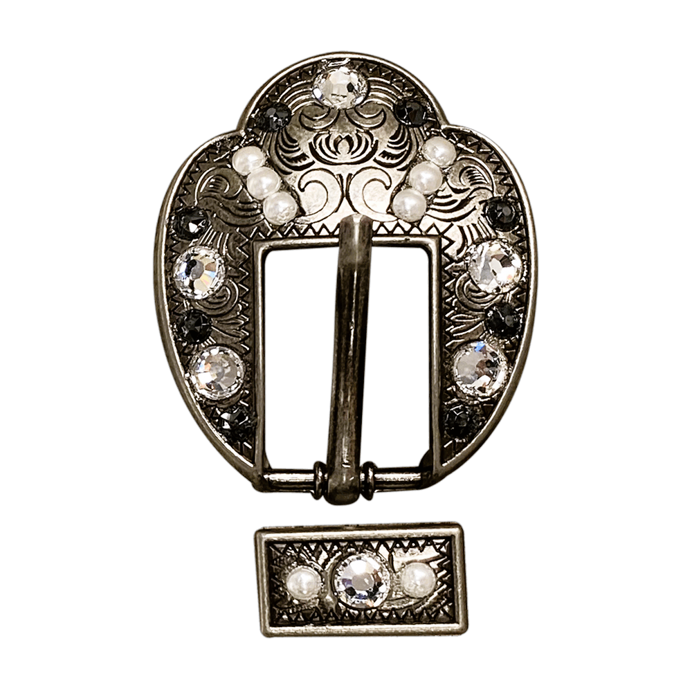 Jet, Pearl & Clear Antique Silver European Crystal Fancy Buckle - RODEO DRIVE