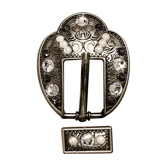 Jet, Pearl & Clear Antique Silver European Crystal Fancy Buckle - RODEO DRIVE