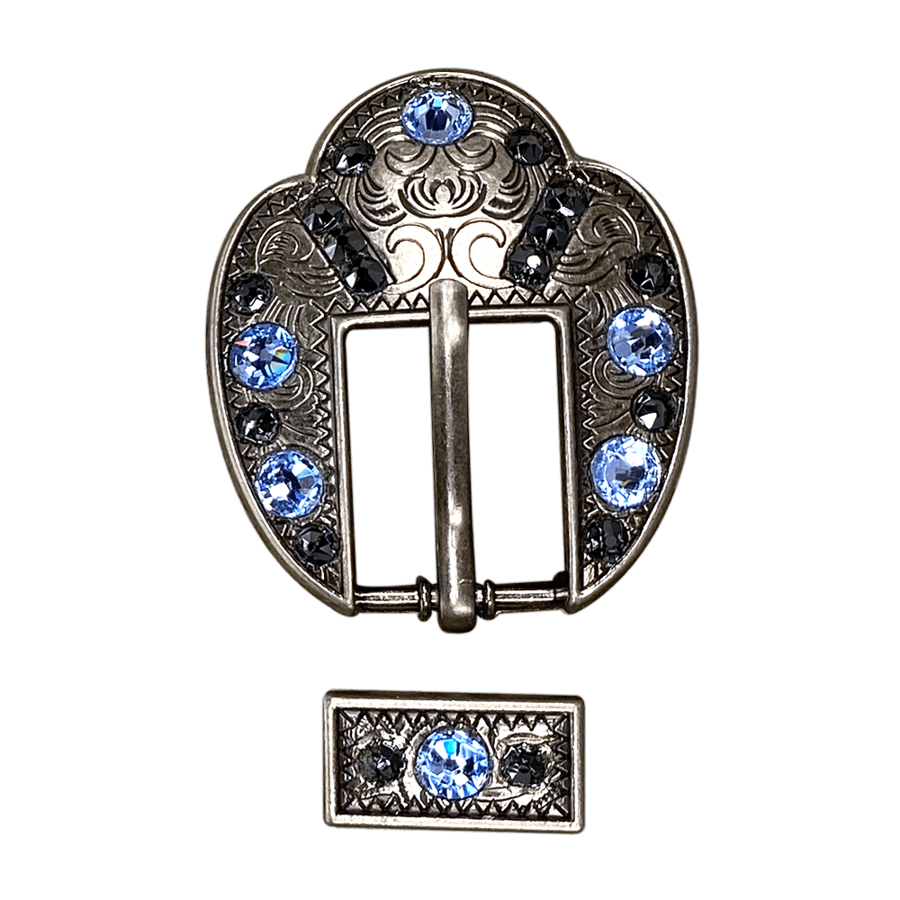 Light Sapphire & Jet Antique Silver Fancy Buckle European Crystal Concho - RODEO DRIVE