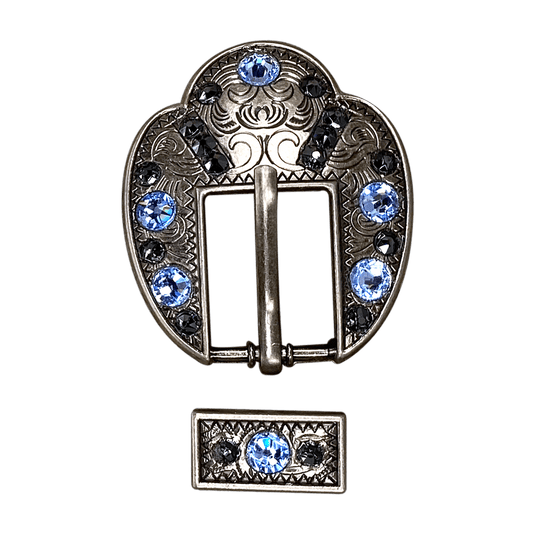 Light Sapphire & Jet Antique Silver Fancy Buckle European Crystal Concho - RODEO DRIVE