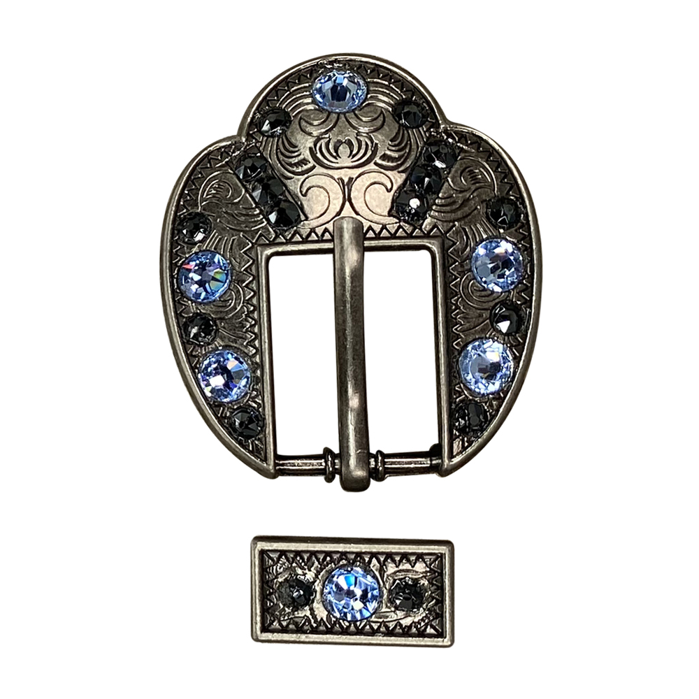 Antique Silver Light Sapphire, Jet Crystal Conchos - Sizes from 1"- 3" and Buckles