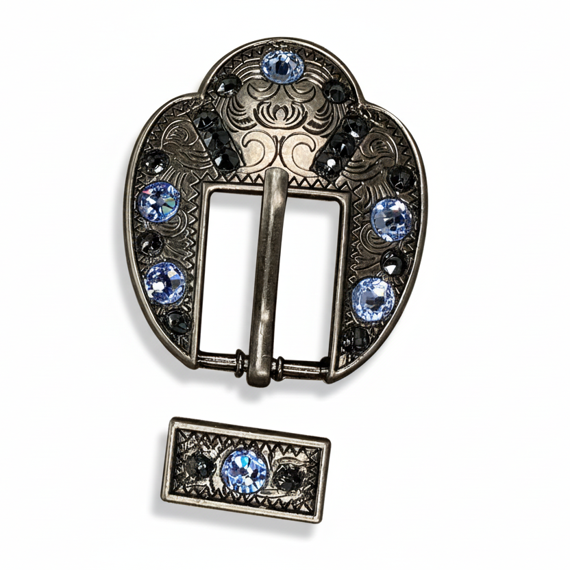 Antique Silver Light Sapphire - Jet Crystal Conchos | Sizes 1"- 3" | Buckles | Saddle Set | Leather Rosettes | Slide
