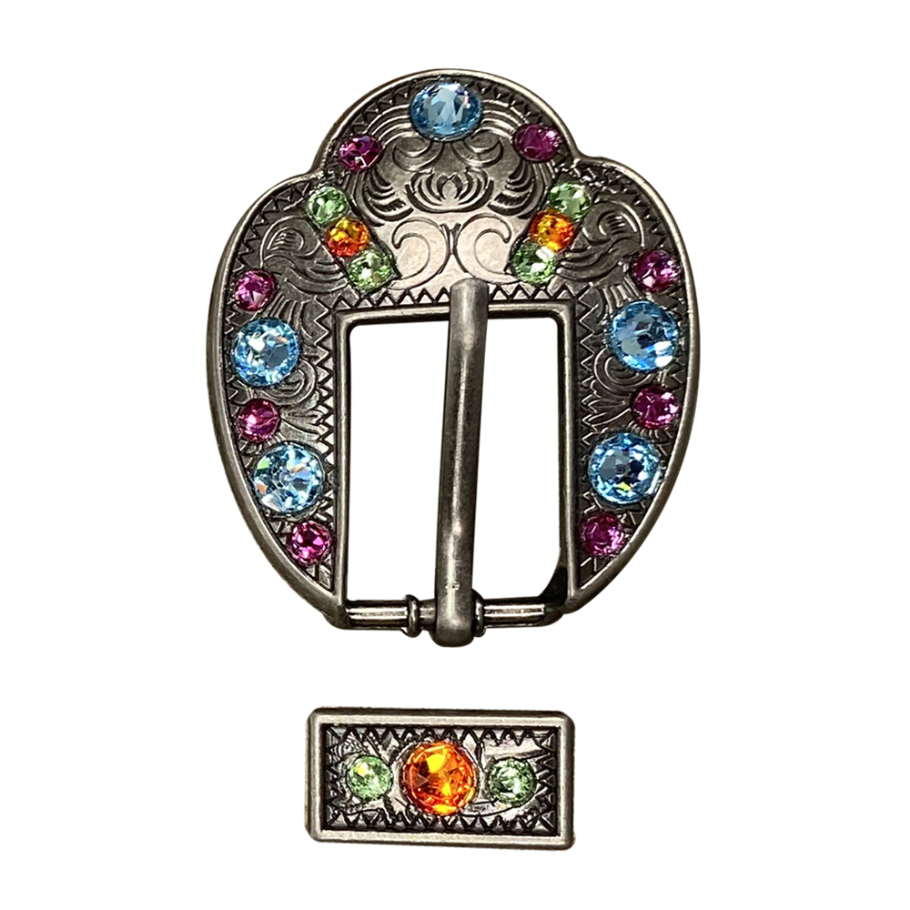 Antique Silver Tie Dye Crystal Conchos - Sizes from 1"- 3" and Buckles