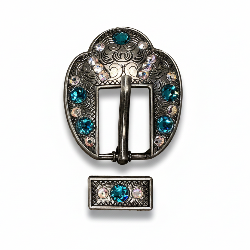 Antique Silver Teal - AB Crystal Conchos | Sizes 1"- 3" | Buckles | Saddle Set | Leather Rosettes | Slide