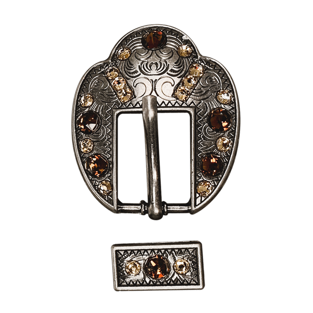 Topaz & Champagne Antique Silver European Crystal Fancy Buckle - RODEO DRIVE