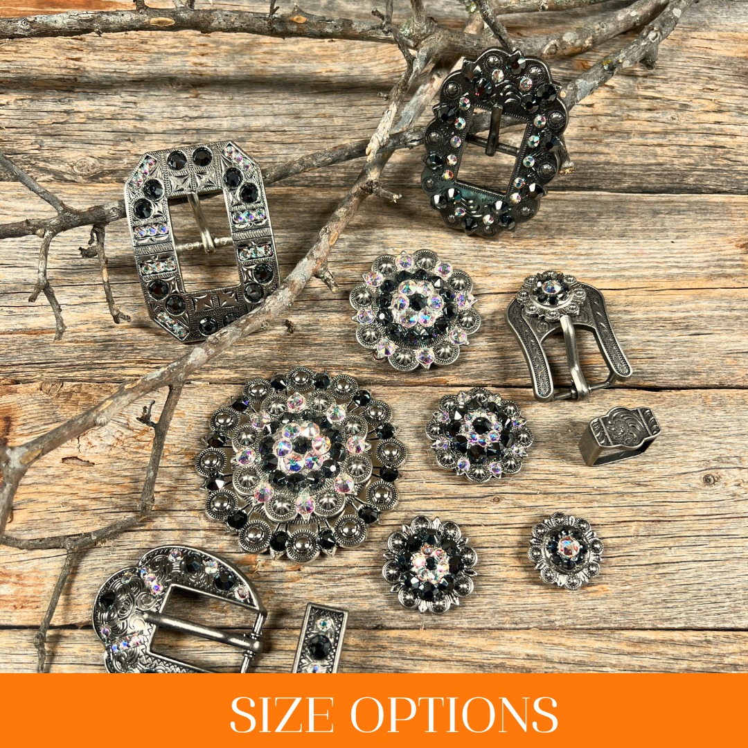 Antique Silver Jet, AB Crystal Conchos - Sizes from 1