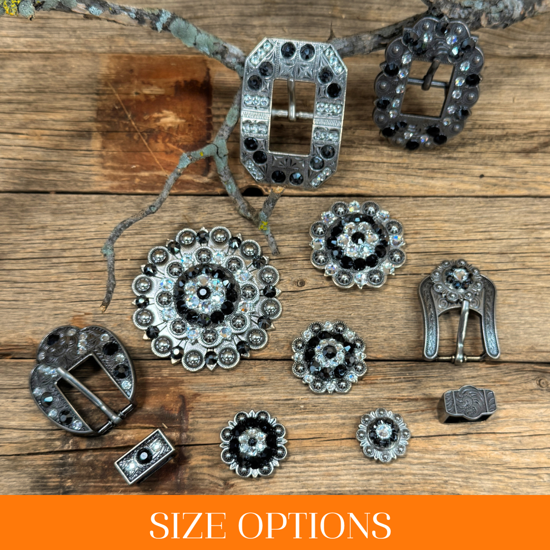 Antique Silver Jet, Clear Crystal Conchos - Sizes from 1