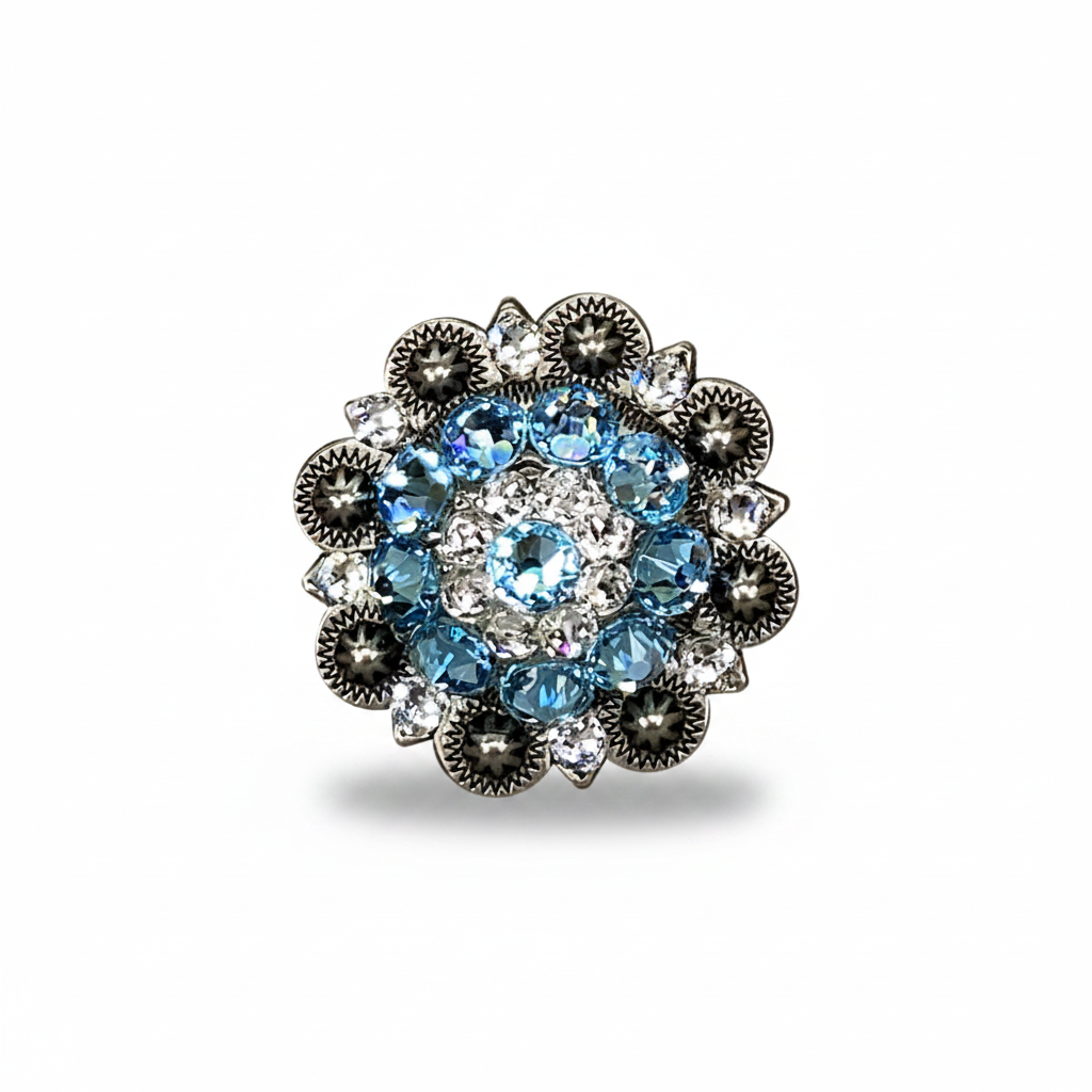 Antique Silver Aqua  - Clear Crystal Conchos | Sizes 1"- 3" | Buckles | Saddle Set | Leather Rosettes | Slide