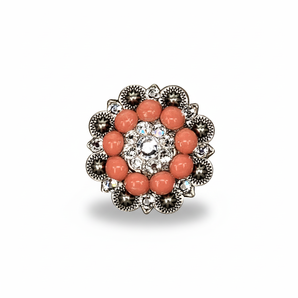 Antique Silver Coral - Clear Crystal Conchos | Sizes 1"- 3" | Buckles | Saddle Set | Leather Rosettes | Slide