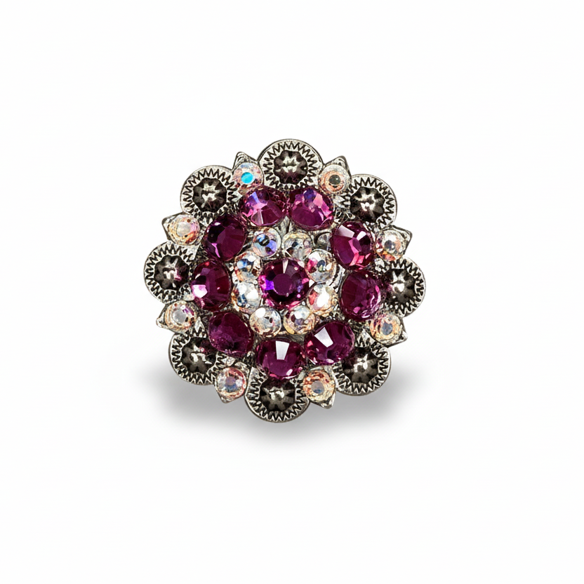 Antique Silver Fuchsia - AB Crystal Conchos | Sizes 1"- 3" | Buckles | Saddle Set | Leather Rosettes | Slide