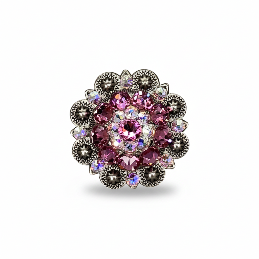 Antique Silver Pink - AB Crystal Conchos | Sizes 1"- 3" | Buckles | Saddle Set | Leather Rosettes | Slide