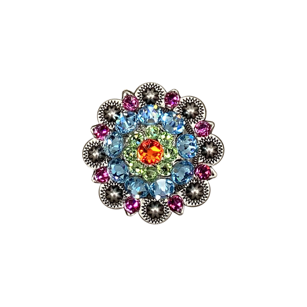 Antique Silver Tie Dye Crystal Conchos - Sizes from 1"- 3" and Buckles