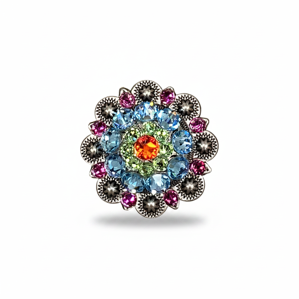 Antique Silver Tie Dye Crystal Conchos | Sizes 1"- 3" | Buckles | Saddle Set | Leather Rosettes | Slide