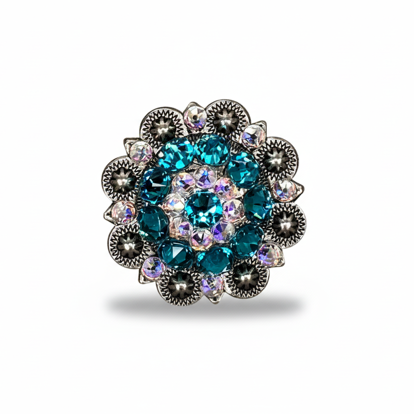 Antique Silver Teal - AB Crystal Conchos | Sizes 1"- 3" | Buckles | Saddle Set | Leather Rosettes | Slide