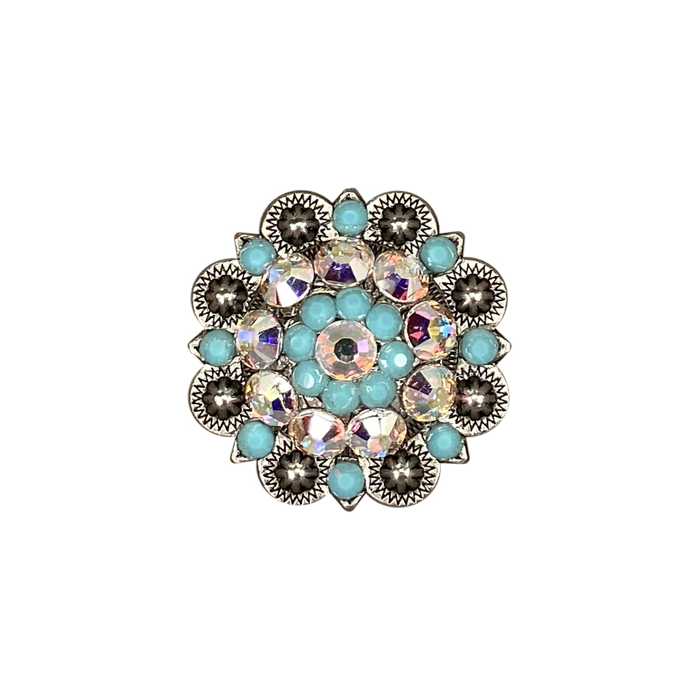 Antique Silver Turquoise, AB Crystal Conchos - Sizes from 1