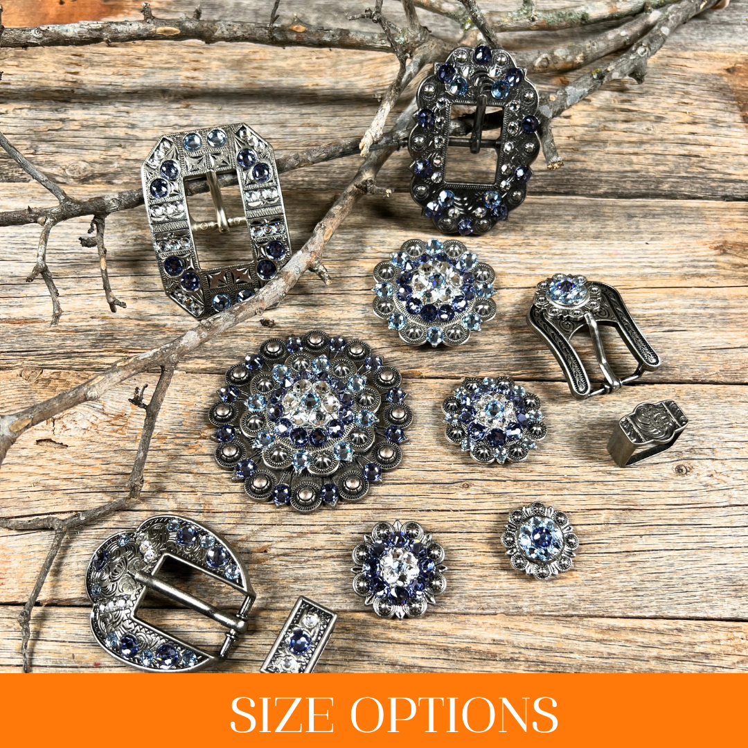 Antique Silver Light Sapphire, Clear, and Lilac Crystal Conchos - Sizes from 1