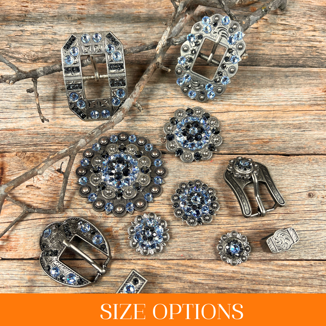 Antique Silver Light Sapphire, Jet Crystal Conchos - Sizes from 1"- 3" and Buckles