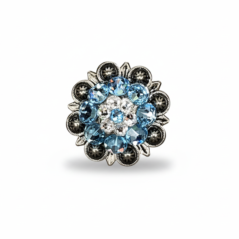 Antique Silver Aqua  - Clear Crystal Conchos | Sizes 1"- 3" | Buckles | Saddle Set | Leather Rosettes | Slide