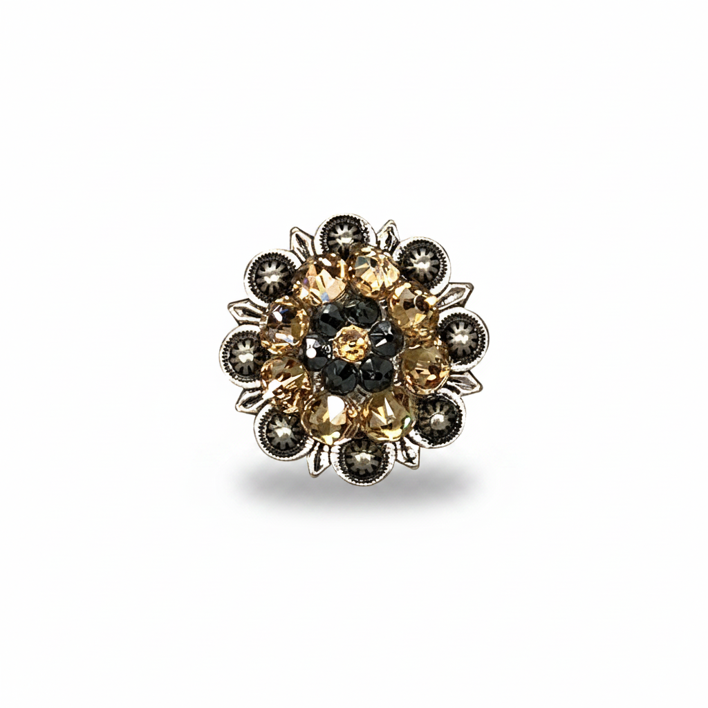 Antique Silver Champagne - Jet Crystal Conchos | Sizes 1"- 3" | Buckles | Saddle Set | Leather Rosettes | Slide