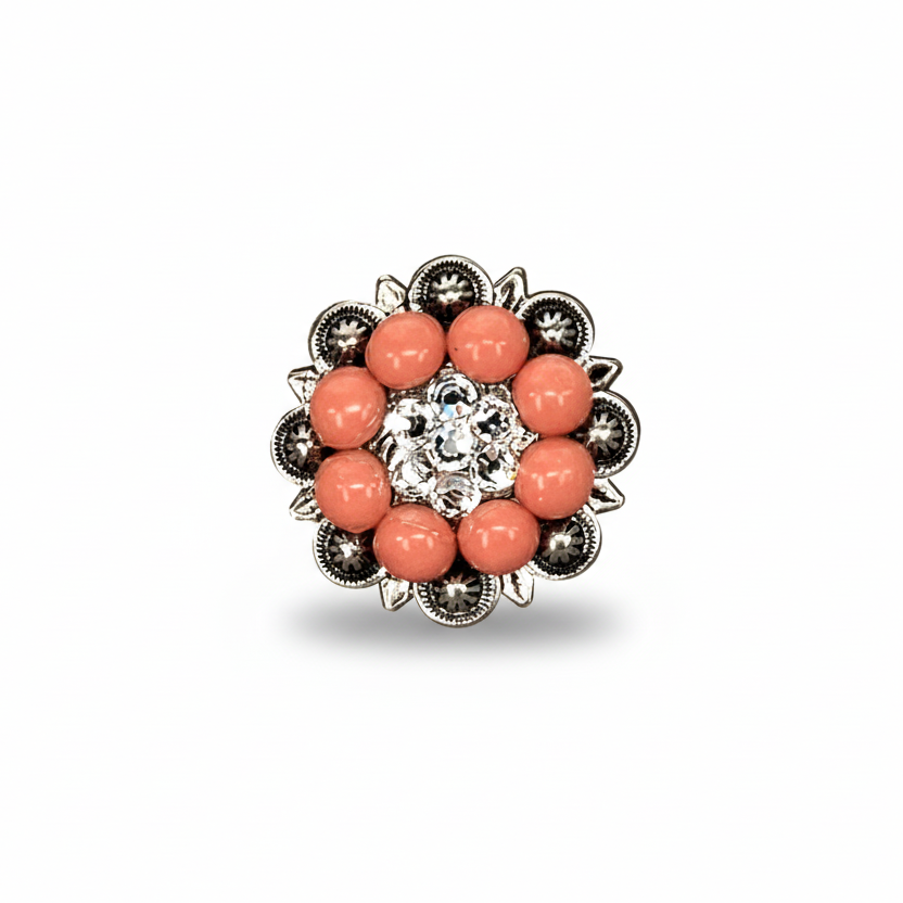 Antique Silver Coral - Clear Crystal Conchos | Sizes 1"- 3" | Buckles | Saddle Set | Leather Rosettes | Slide
