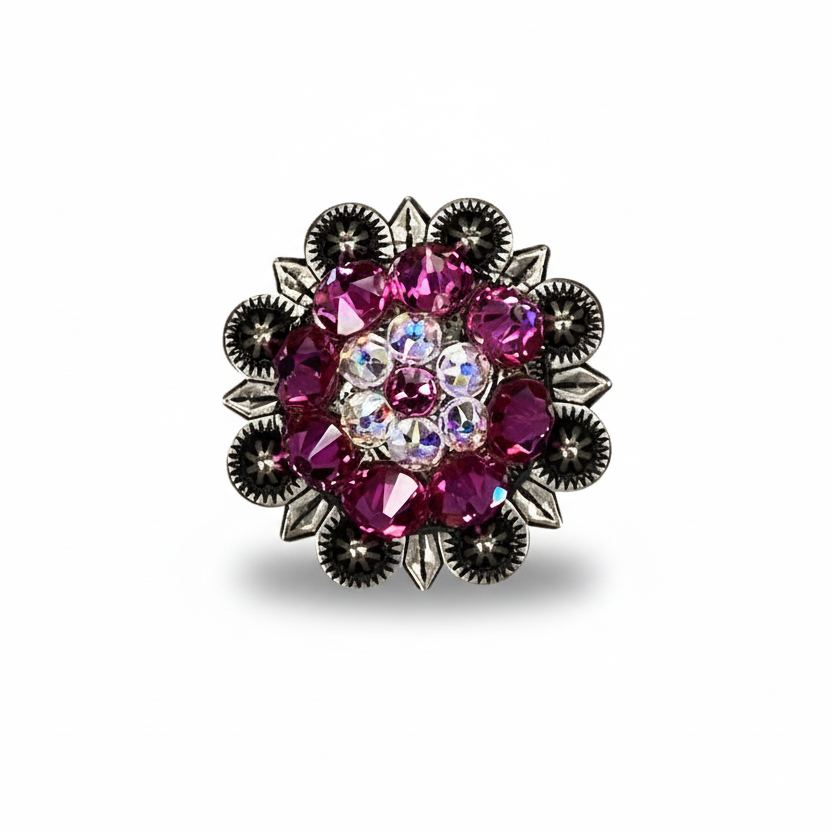 Antique Silver Fuchsia - AB Crystal Conchos | Sizes 1"- 3" | Buckles | Saddle Set | Leather Rosettes | Slide