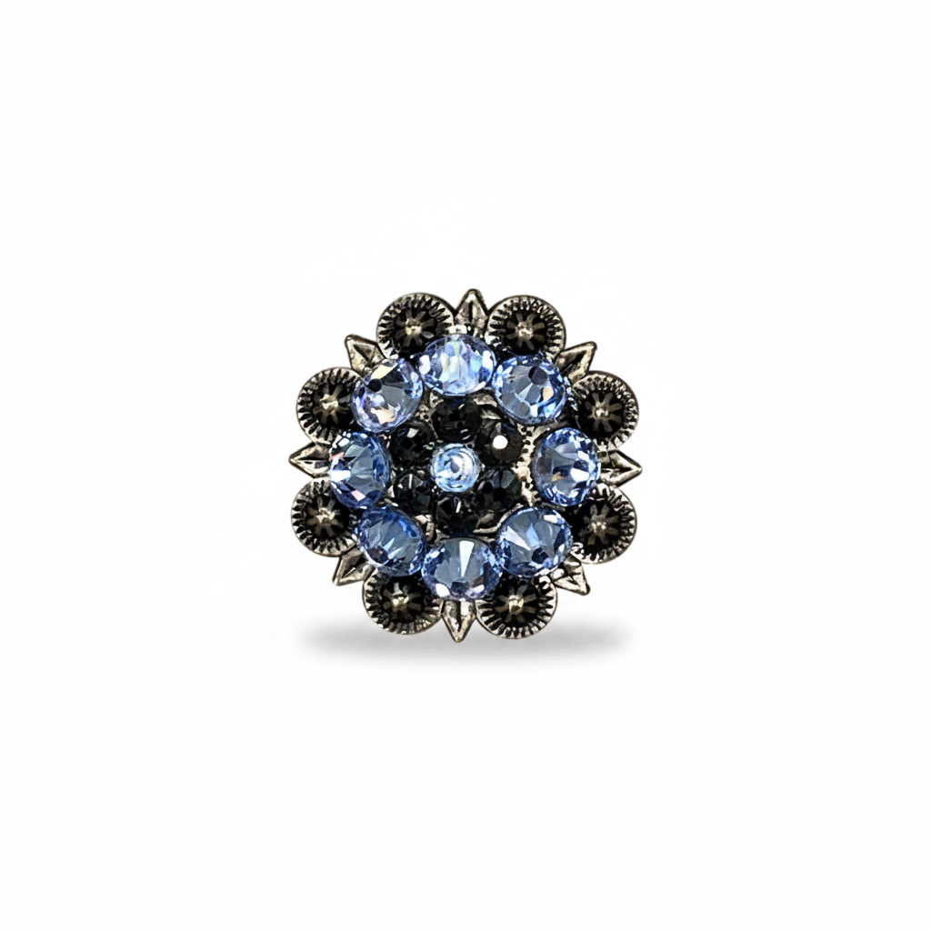 Antique Silver Light Sapphire - Jet Crystal Conchos | Sizes 1"- 3" | Buckles | Saddle Set | Leather Rosettes | Slide