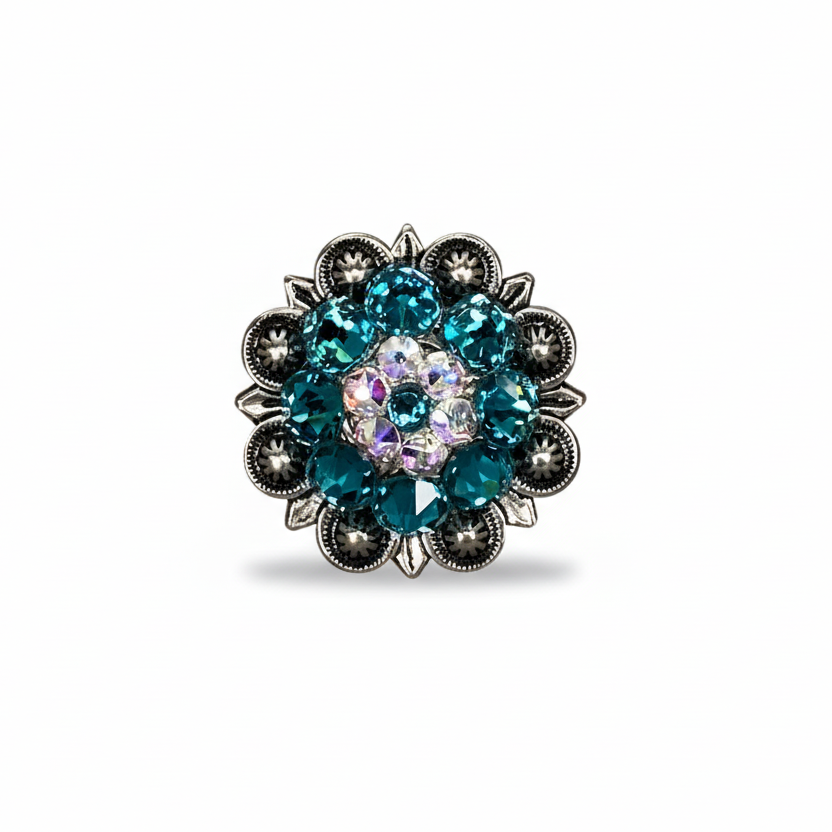 Antique Silver Teal - AB Crystal Conchos | Sizes 1"- 3" | Buckles | Saddle Set | Leather Rosettes | Slide