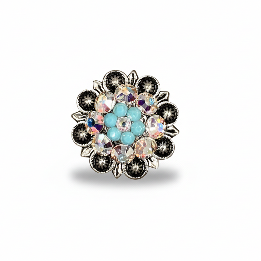 Antique Silver Turquoise - AB Crystal Conchos | Sizes 1"- 3" | Buckles | Saddle Set | Leather Rosettes | Slide