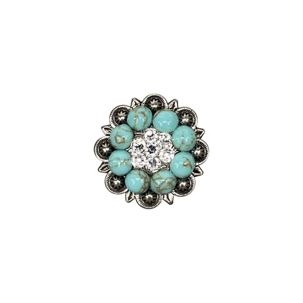 Antique Silver Turquoise, Clear Crystal Conchos - Sizes from 1