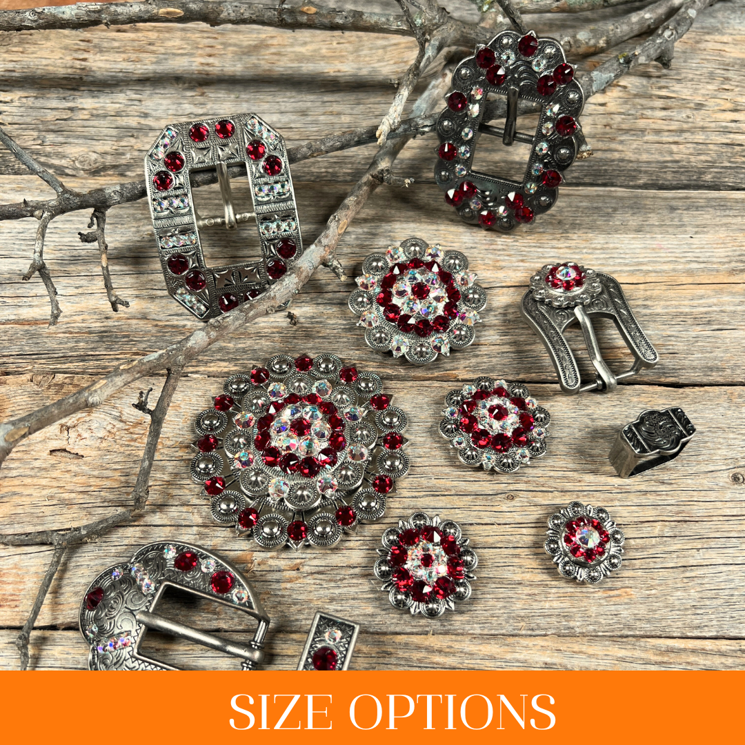 Antique Silver Ruby, AB Crystal Conchos - Sizes from 1