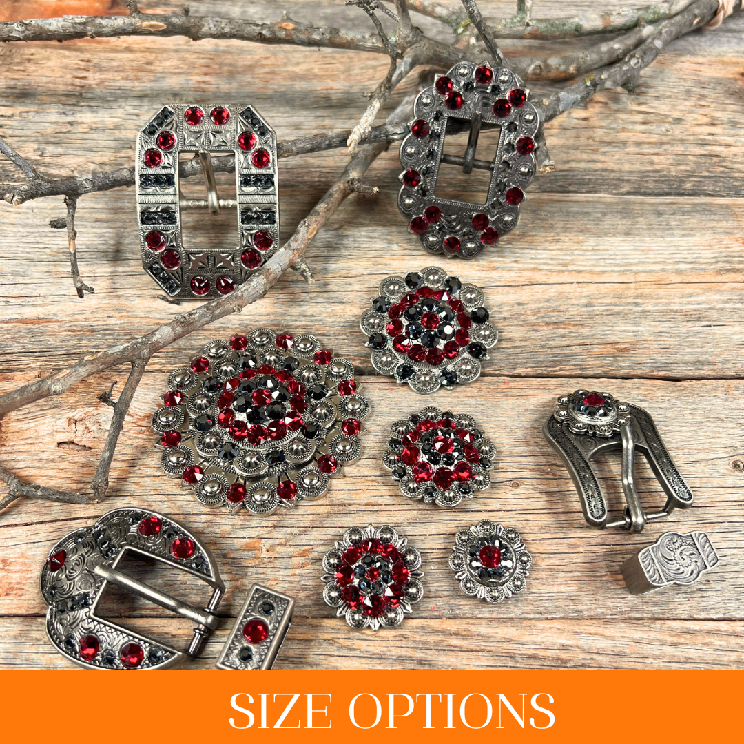 Antique Silver Ruby, Jet Crystal Conchos - Sizes from 1