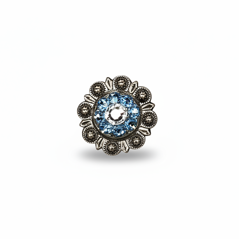 Antique Silver Aqua  - Clear Crystal Conchos | Sizes 1"- 3" | Buckles | Saddle Set | Leather Rosettes | Slide