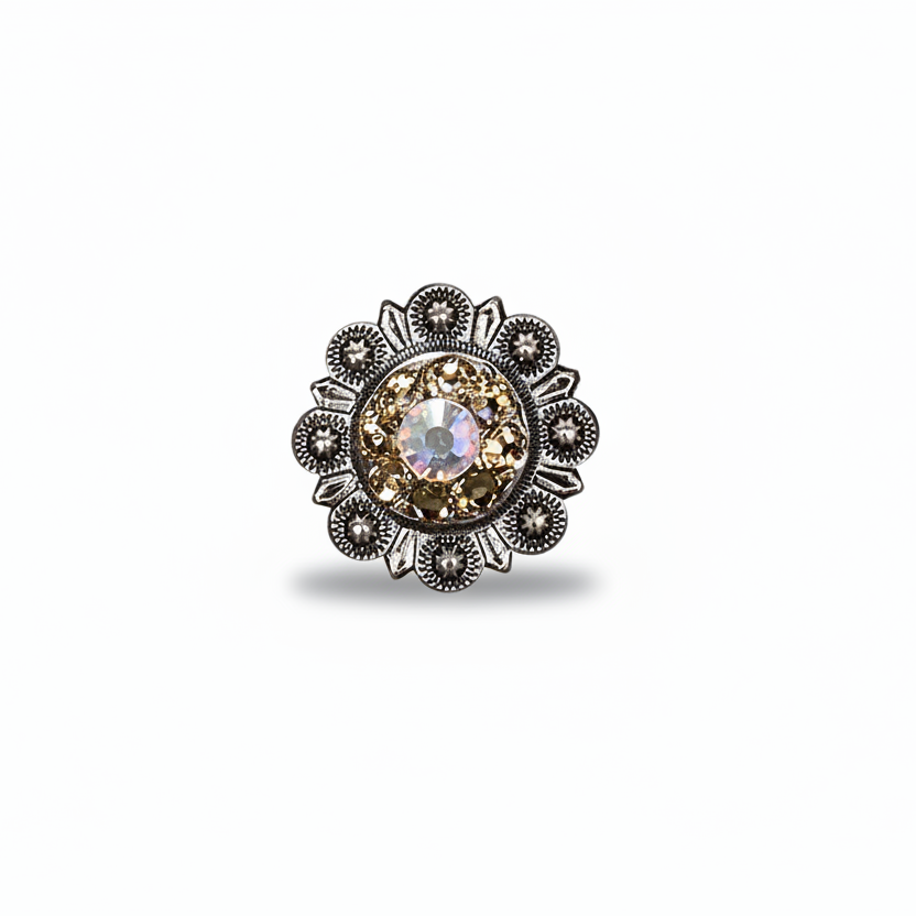 Antique Silver Champagne - AB Crystal Conchos | Sizes 1"- 3" | Buckles | Saddle Set | Leather Rosettes | Slide