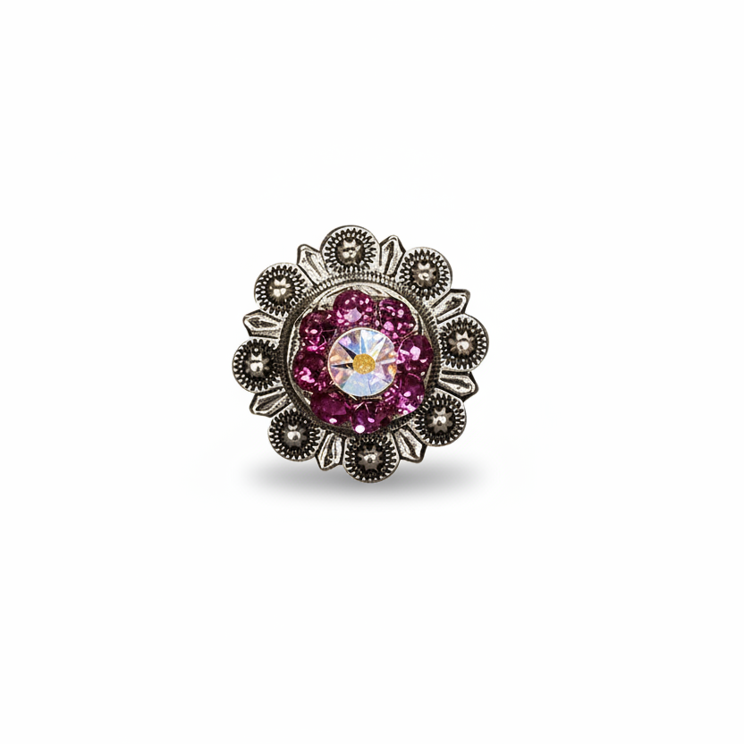 Antique Silver Fuchsia - AB Crystal Conchos | Sizes 1"- 3" | Buckles | Saddle Set | Leather Rosettes | Slide
