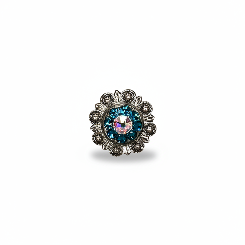 Antique Silver Teal - AB Crystal Conchos | Sizes 1"- 3" | Buckles | Saddle Set | Leather Rosettes | Slide